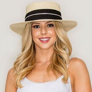 Panama Fedora Vintage Style Wide Brim Straw Hat Black White Two Tone Brim